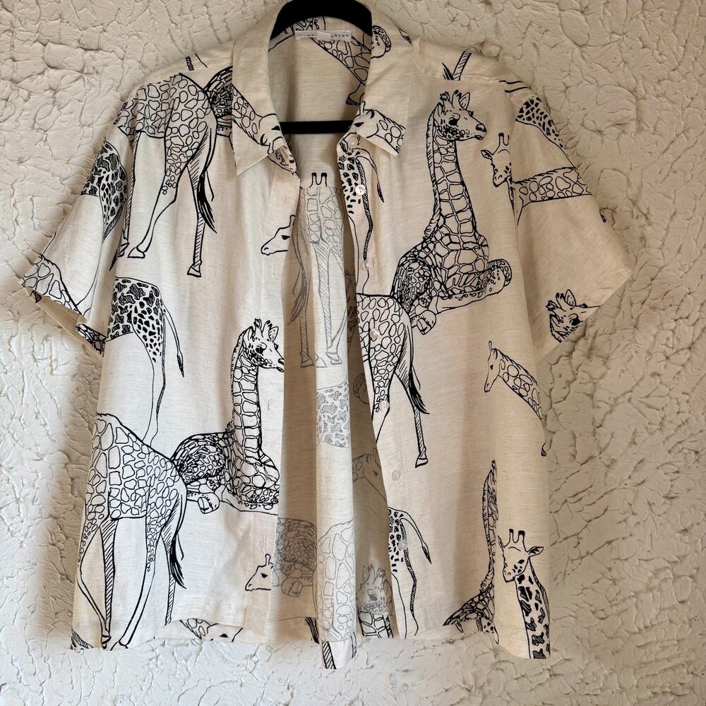 Jane Delancey Giraffe Print Button Up Shirt Linen Blend Safari Animal Print Top - Picture 2 of 10